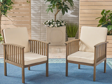 Casa Acacia Wood Club Chairs (Set of 2) With Water Resistant Cushions - Gray / Cream