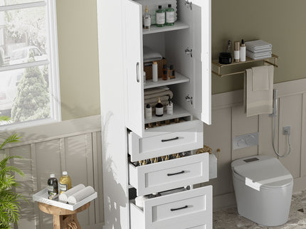 Bathroom Vanity With 2 Damping Hinge Doors, 3 Drawers, Adjustable Shelves - White