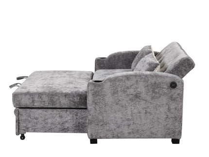 Pull Out Loveseat Sofa With Adjsutable Backrest, 2 Pillows, Cup Holders, USB Ports For Living Room