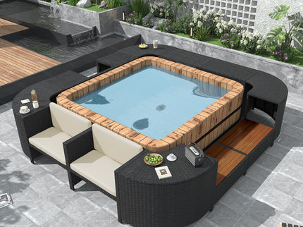 Spa Surround Spa Frame Quadrilateral Outdoor Rattan Sectional Sofa Set With Mini Sofa, Wooden Seats And Storage Spaces