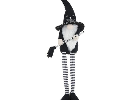 Sitting Gnome With Broomstick & Long Legs, For Halloween Decor - Black White