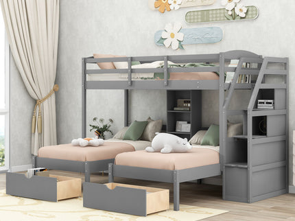 Twin Over Twin & Twin Bunk Bed With Drawers, Staircase Storage, Built In Shelves - Gray