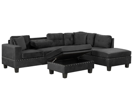 Modern Sectional Sofa With Storage Ottoman, L - Shape Couch With 2 Pillows And Cup Holders
