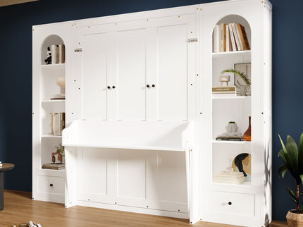 French Style Murphy Platform Bed With Shelf, Side Cabinets, Drawers And LED