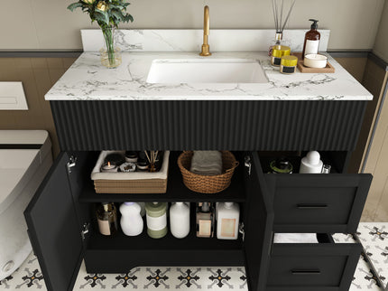 Bathroom Vanity Set, Fluted Cabinet, Soft Close Doors With Drawers, Single Faucet Hole, Sink Included - Black