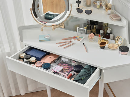 Modern Corner Makeup Vanity Desk With Large Storage, LED Mirror & Stool, Adjustable Brightness, Space Saving - White