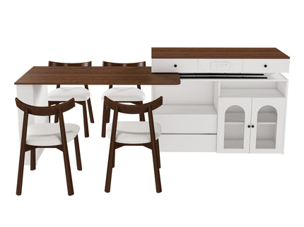 Retro Kitchen Island Set With Chairs, Extendable & Rotating Table, 4 Drawers & Door Cabinets