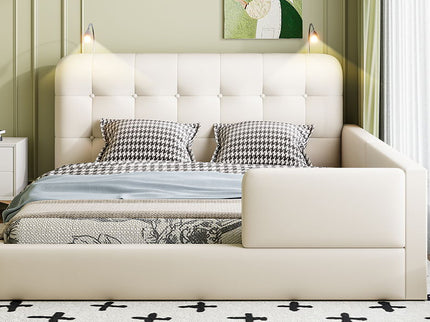 Queen Size Upholstered Platform Bed With 2 Reading Lights - White