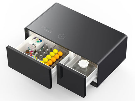 Modern Smart Coffee Table With Built-In Fridge - tooth Speaker, Wireless Charging, Touch Control Panel, USB Interface, Outlet Protection, Atmosphere Light