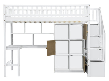 Loft Bed With Built In L Shaped Desk, LED Lights, Storage Shelves, Cabinets, And Staircase