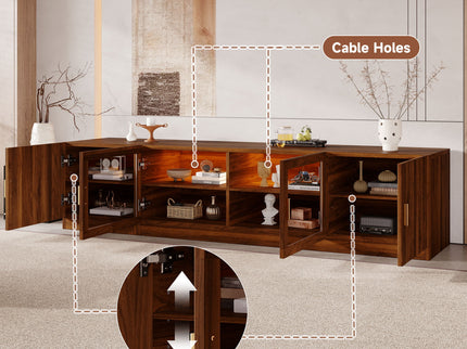 TV Stand, Media Console With Glass Doors And LED Lights, Adjustable Shelf Storage - Walnut