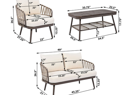 4 Piece Outdoor Patio Furniture Set, Metal Chairs With Woven Rope U Shaped Backrest