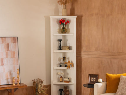 Retro Style Wall Suit With Glass Doors, 75.25" Tall Display Cabinets & Triangle Sided Bookshelves - White