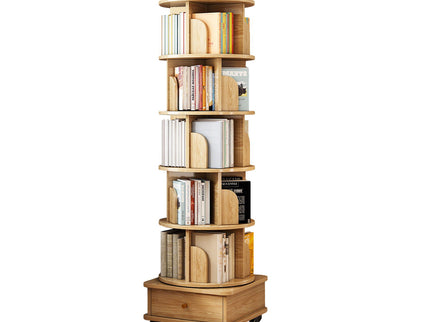 6 Tier Rotating Bookshelf With Wheels And Drawer, 360° Spinning Design, Space Saving Storage, For Home - Wood
