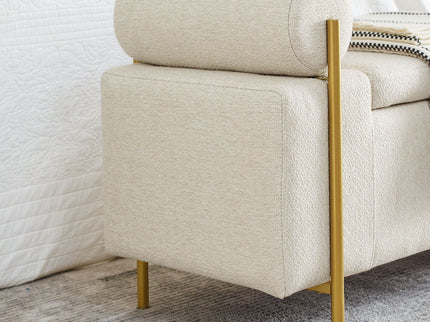 Elegant Upholstered Storage Bench With Cylindrical Arms And Iron Legs,