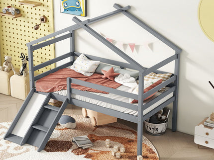 Low Loft House Bed With Slide, Ladder, Safety Guardrails, House Roof Frame