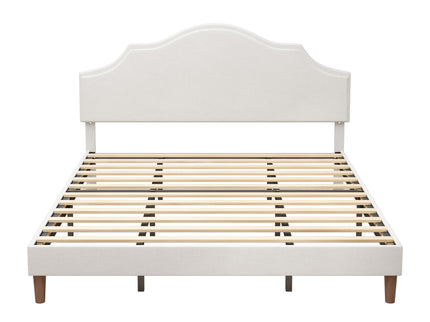 King Size, Upholstered Platform Bed Frame With Adjustable Headboard, No Box Spring Needed - White