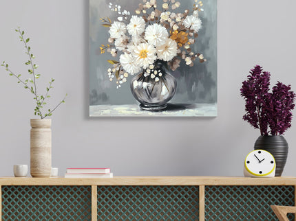 Chrysanthemum Vase Canvas Wall Art Decor Country - Stone White