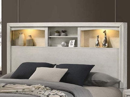 Transitional Bed With Smooth Gliding Drawers, Built In Lights, Open Headboard Shelves