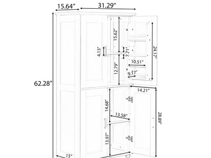 Tall And Wide Bathroom Floor Storage Cabinet With 4 Doors, Adjustable Shelves - White