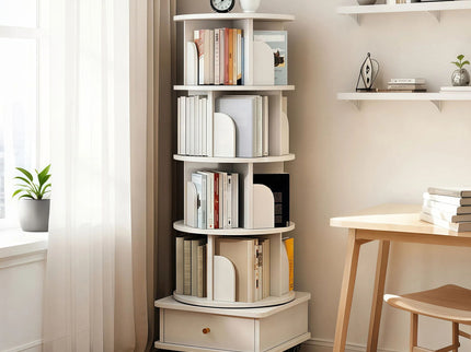 Rotating Bookshelf With Wheels And Drawer, 360° Spinning Design, Space Saving Storage
