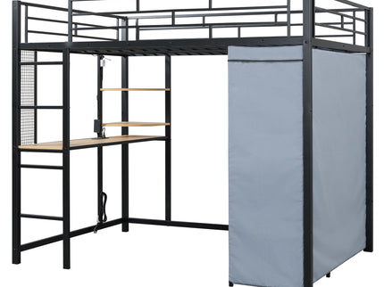 Loft Bed With Desk, Shelves, Power Outlet, LED Light And Wardrobe