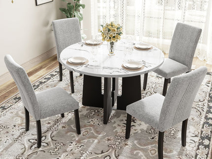 5 Piece Round Dining Table Set, Dining Table And 4 Upholstered Chairs For Dining Room, Kitchen Room, Living Room - White / Gray