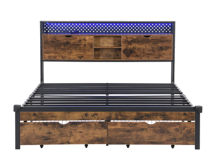 Modern Platform Bed, USB Charging Station, 2 Drawers, LED Lights