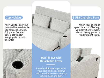 Pull Out Loveseat Sofa With Adjsutable Backrest, 2 Pillows, Cup Holders, USB Ports For Living Room
