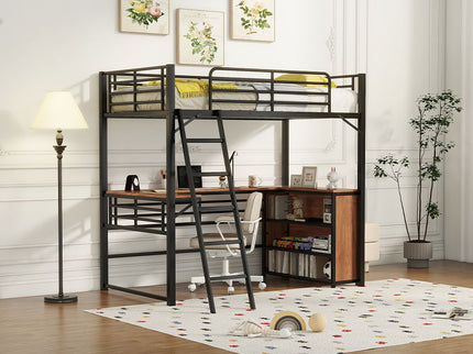 Loft Bed & 3 Layers Of Shelves And L-Shaped Desk