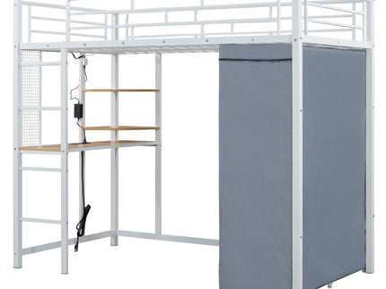 Loft Bed With Desk, Shelves, Power Outlet, LED Light And Wardrobe