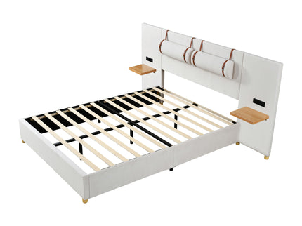Upholstered Platform Bed, 2 Outlets And USB Charging Ports On Both Sides, 2 Bedside Pillows, Storage Shelves