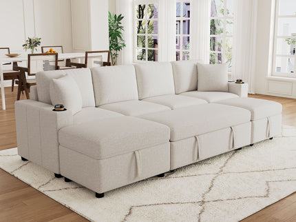 Sectional Sofa Convertible Pull-Out Bed With Storage Ottoman & USB Ports