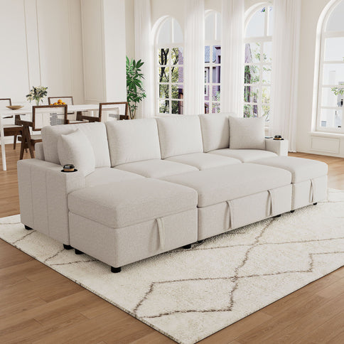 Sectional Sofa Convertible Pull-Out Bed With Storage Ottoman & USB Ports