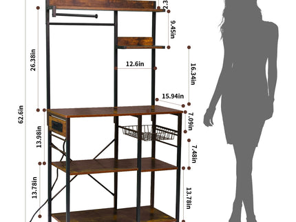 Bakers Rack With Power Outlet, Coffee Bar With S-Shaped Hooks, Kitchen Shelf With Wire Basket - Black / Brown