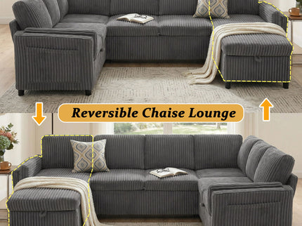 Convertible U-Shaped Sectional Sofa Bed With USB Ports And Storage