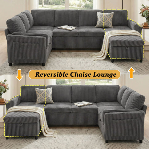 Convertible U-Shaped Sectional Sofa Bed With USB Ports And Storage