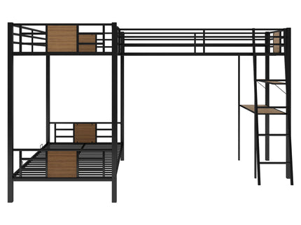 L-Shaped Twin Over Twin Bunk Bed With Twin Size Loft Bed With Desk And Shelf - Brown