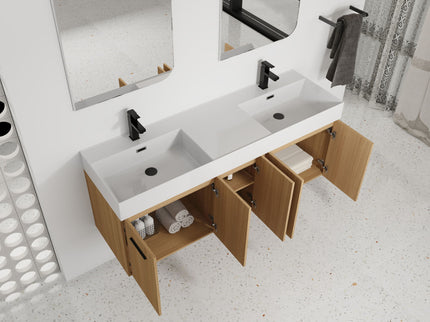 Floating Double Sink Bathroom Vanity With Extra Large Storage, Integrated Sink, Soft Close Doors, Wall Mounted Bath Vanity - Glossy White / Light Oak