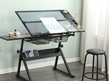 Adjustable Tempered Glass Drafting Printing Table With Chair