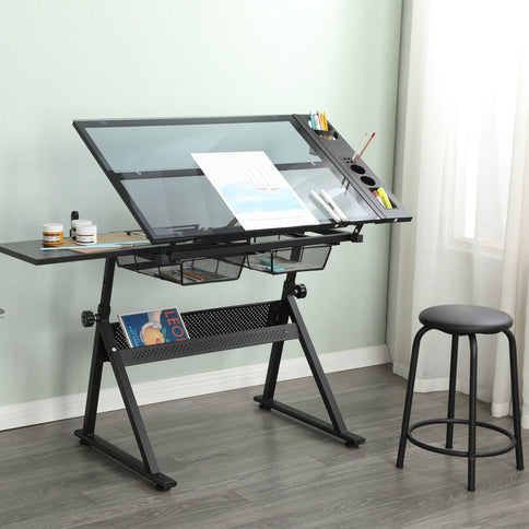 Adjustable Tempered Glass Drafting Printing Table With Chair