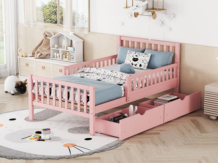 Platform Bed With Guardrails On Both Sides And 2 Storage Drawers