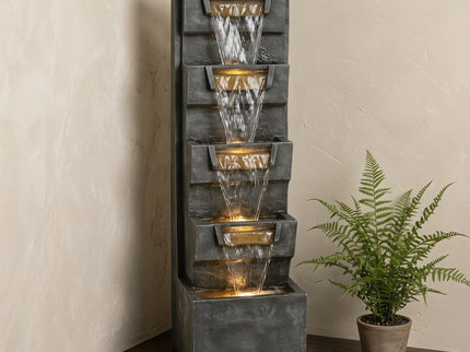 4 Tier Cascading Waterfall Fountain With Warm LED Lights, For Patio - Gray