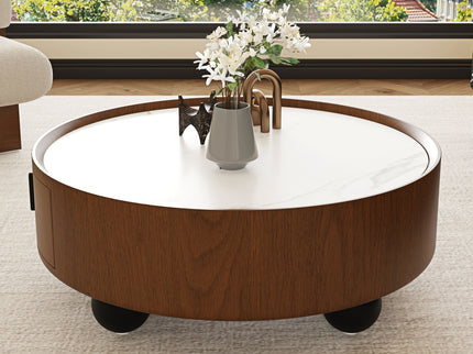 Round Coffee Table With Ball Feet, Pull Handle Storage Drawer - Bouguer Walnut / Brown