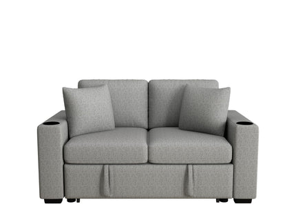 Modern 2 Seater Loveseat Sofa With Pull-Out Bed, Fabric, Built-In USB Ports & Cup Holders