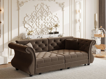 Oversized Chesterfield Pull Out Sofa Bed, Roll Arm Couch With Flower Tufting For Living Room