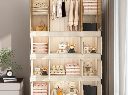 Portable Wardrobe Closet Storage Organizer With 17 Magnetic Doors, 17 Cubes, Hanging Rod & 6 Hangers - Creamy White