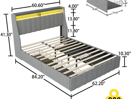 Queen Size Bed Frame With LED Lighting, Winged Headboard With Storage Drawers - Light Gray