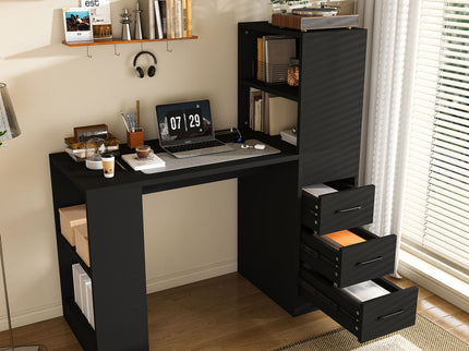 Computer Desk With 4 In 1 Socket & 3 Drawers, 4 Tier Shelves