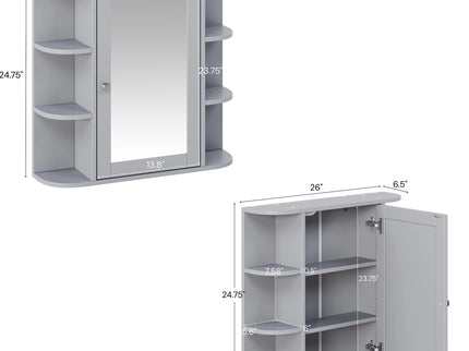 Bathroom Wall Storage Cabinet With Mirror And Adjustable Shelf, 6 Open Shelves